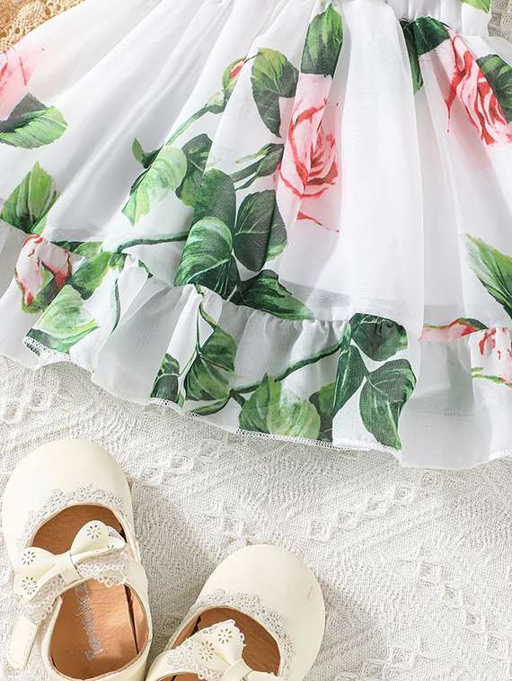 Girls White Floral Printed Cold Shoulder Frock