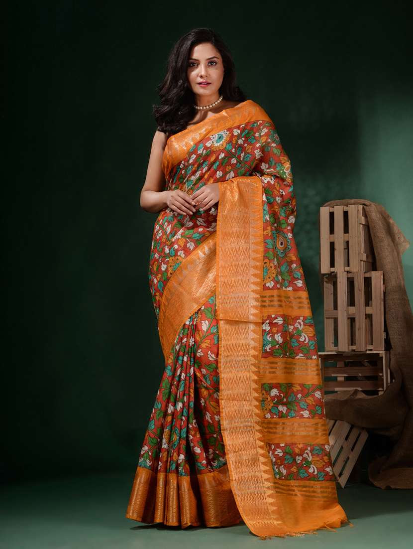 Women's Floral Red Colored Saree With Blouse