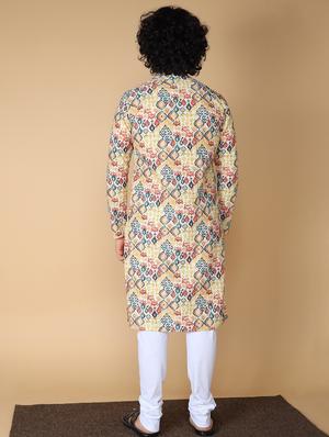 namaskar cotton full sleeve chikankari embroidery knee length yellow kurta for men - 20011625 - Standard Image - 2