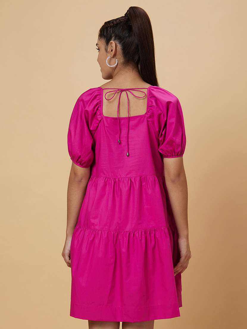 Women Pink Cotton Tiered Dress