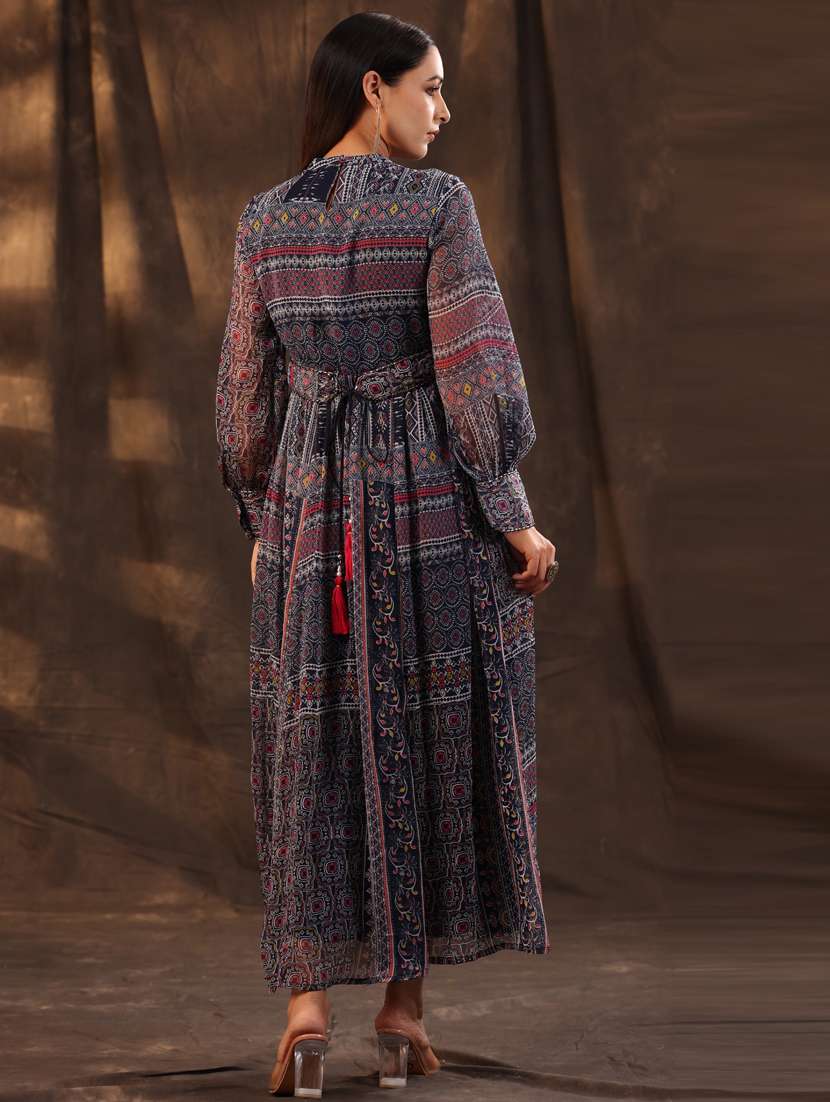 Blue Printed Flared Ethnic Dress