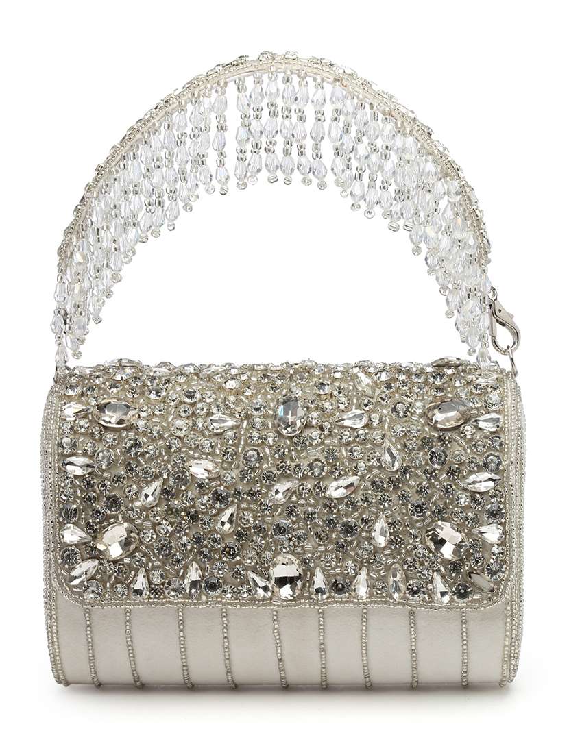 White Embellished Fold Over Clutch