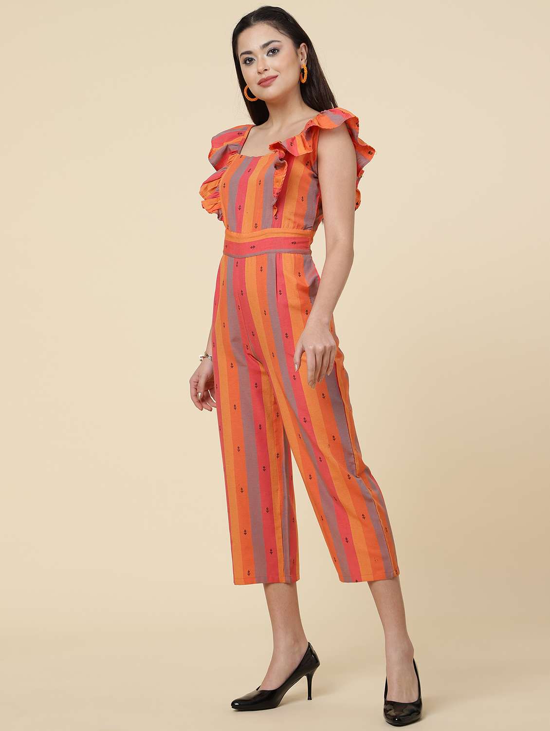 Orange Striped Sleeveless Full Length Jumpsuit