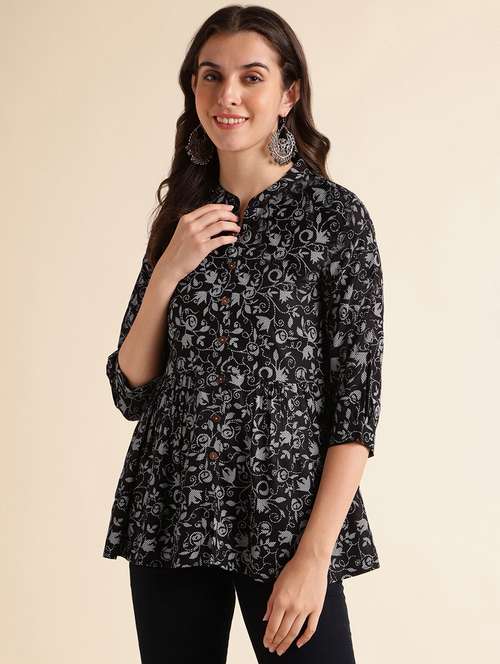 Women Black Mandarin Neck A Line Kurti