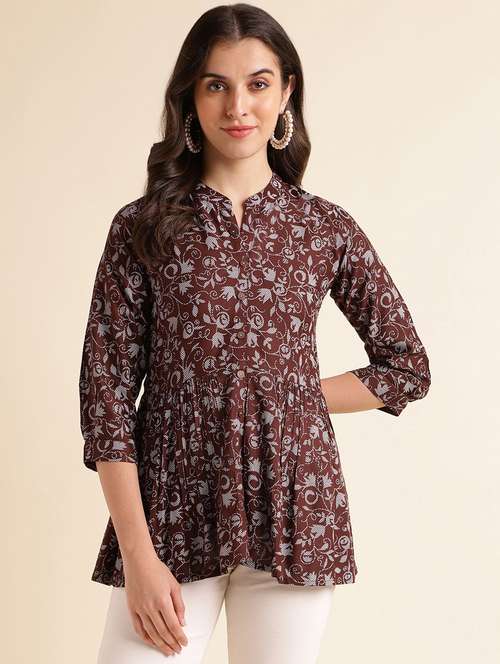 Women Brown Mandarin Neck A Line Kurti