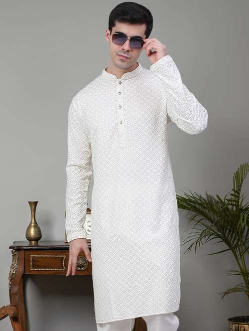 Men White Embroidered Sequin Cotton Long Kurta