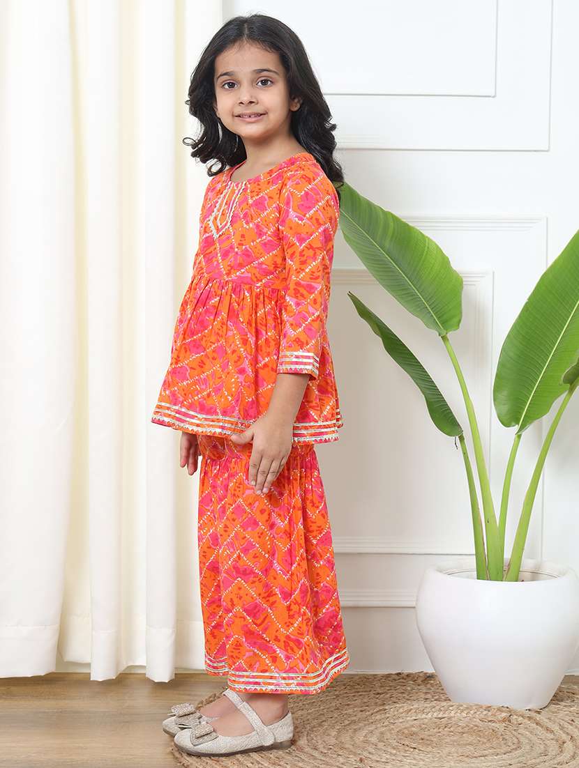 Girl Bandhani Print Cotton Kurta Sharara Set