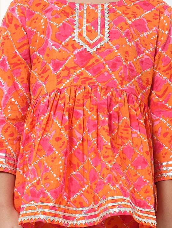 Girl Bandhani Print Cotton Kurta Sharara Set