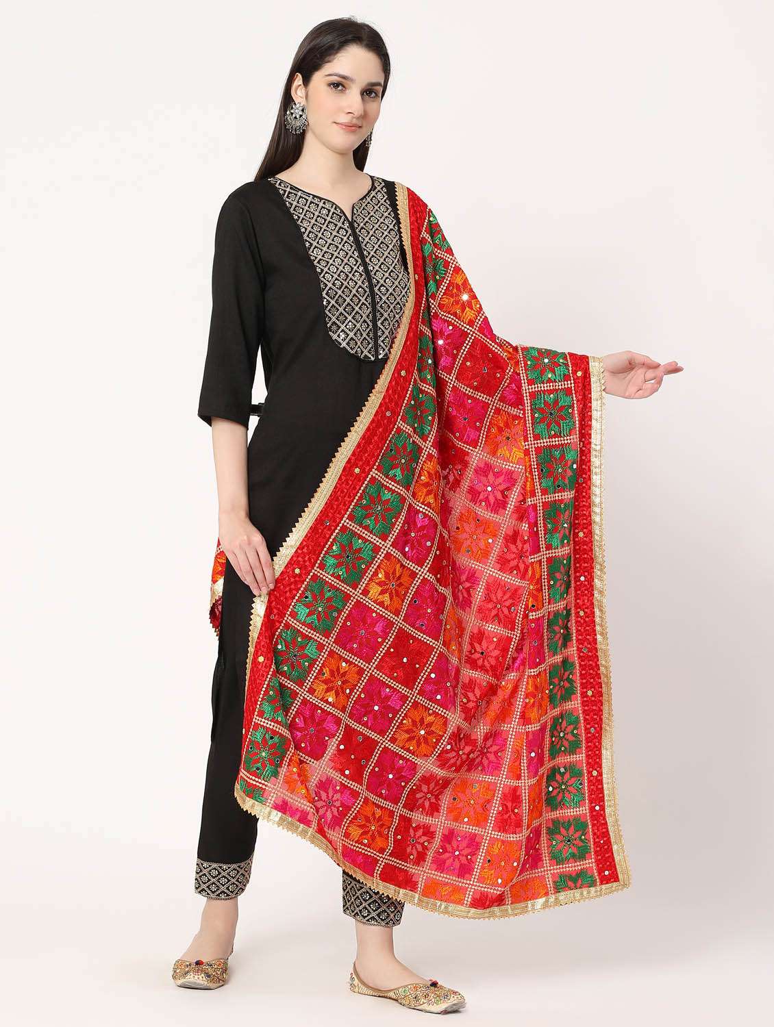 Women Red Phulkari Embroidered Dupatta