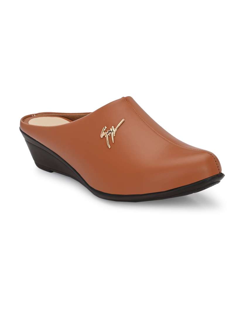 Women Solid Tan Wedge Heel Mule
