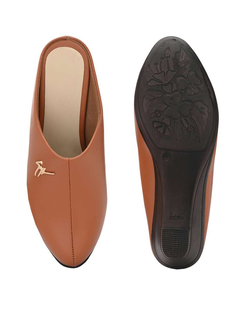 Women Solid Tan Wedge Heel Mule