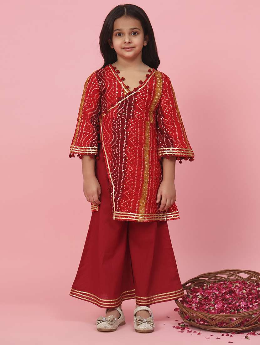 Red Bandhani Print Kurta Palazzo Set