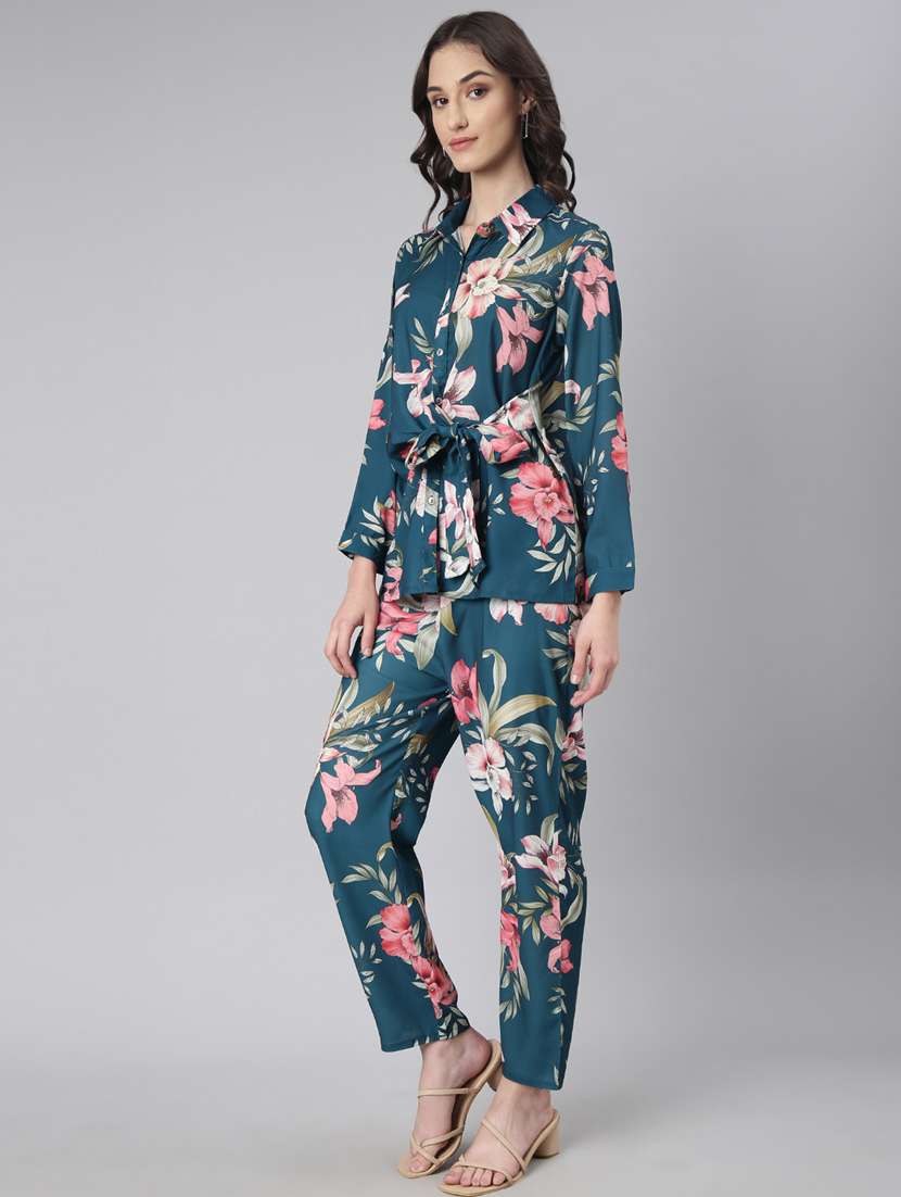 Blue Floral Print Shirt And Trouser Co Ord Set