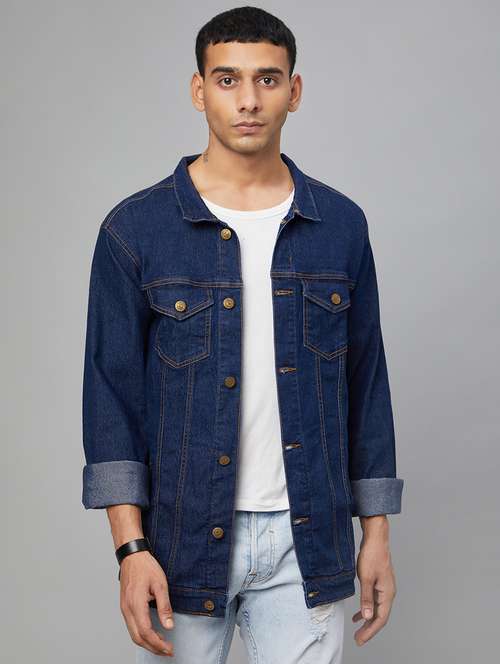 Dark Blue Solid Denim Jacket