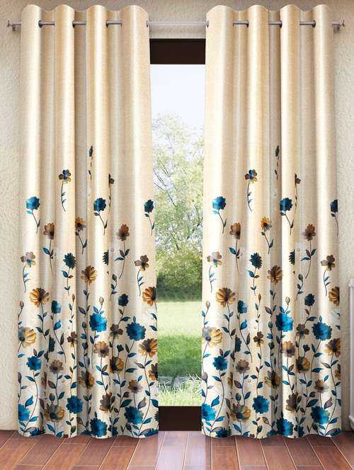 Home Sizzler 2 Pieces Digital Print Eyelet Polyester Door Curtains   7 Feet, Blue