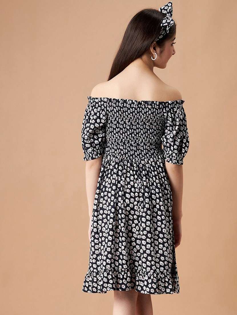 Girls Black Floral Print Frock