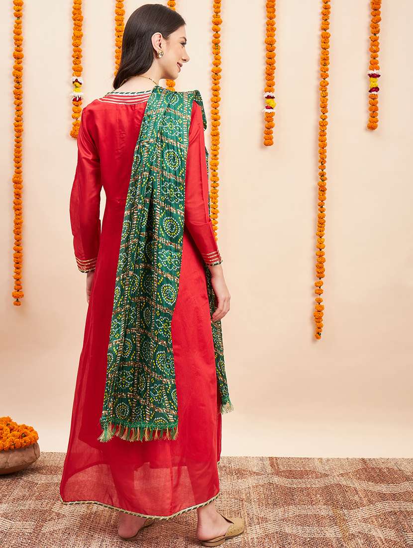 Red Solid With Work Kurta Dupatta Set