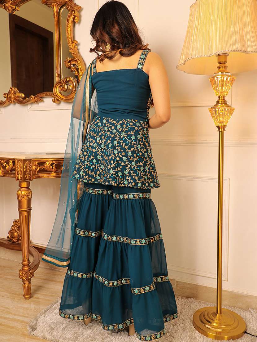 Women Teal Sleeveless Kurta Sharara With Dupatta Set