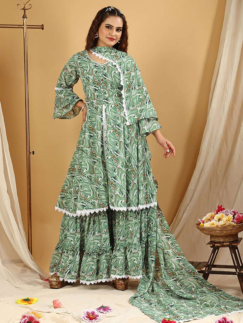 Women Green Kurta Sharara Set With Dupatta