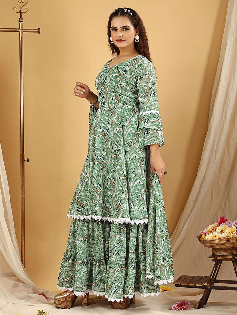 Women Green Kurta Sharara Set With Dupatta