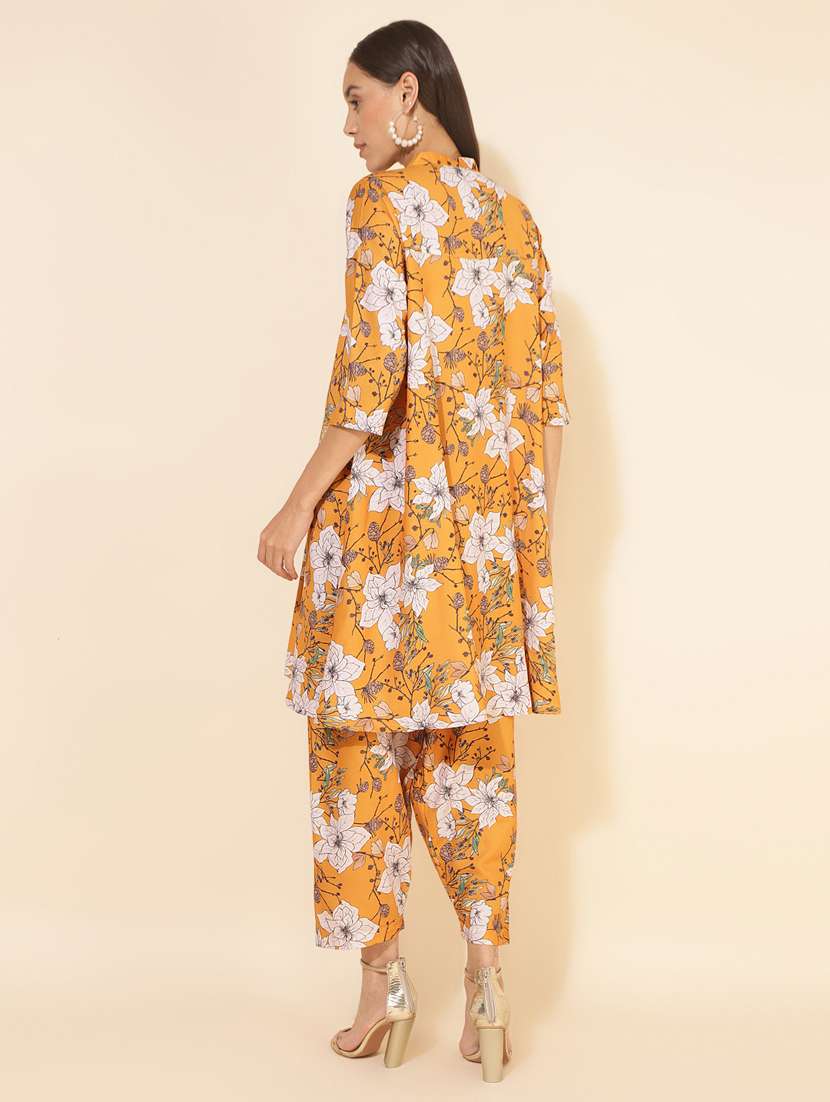 Women Mustard Mandarin Neck Co Ord Sets