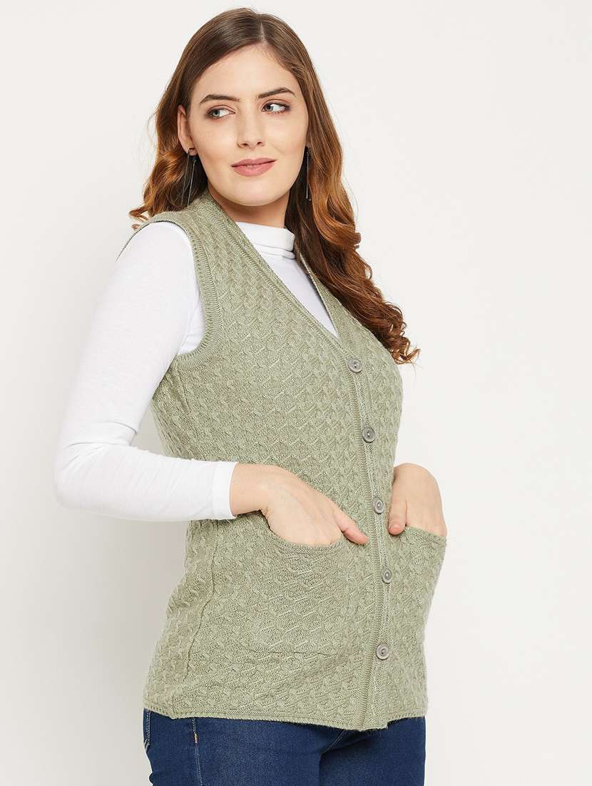 Women Green Sleeveless Cardigan