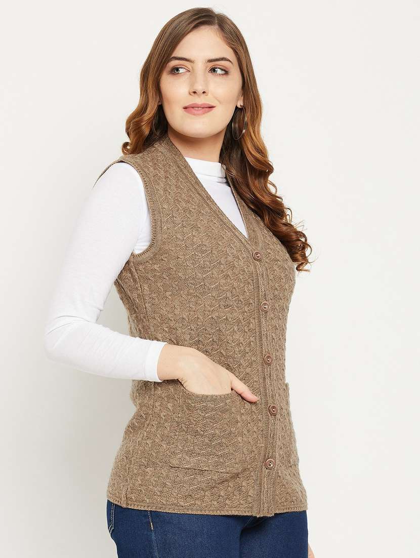 Women Brown Sleeveless Cardigan