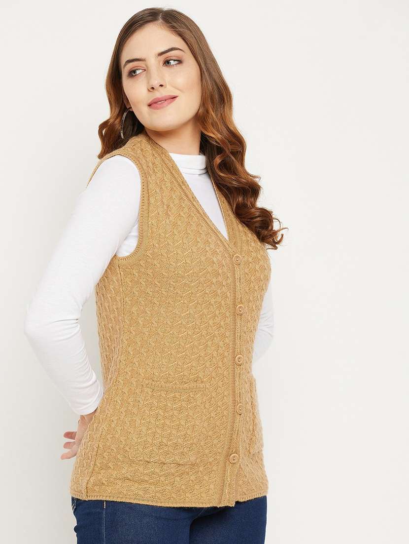Women Khaki Sleeveless Cardigan
