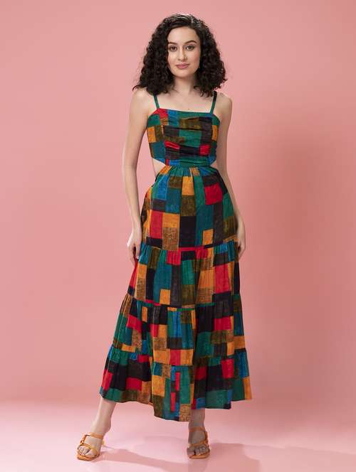 Geometric Print Polyester Tiered Maxi Dress