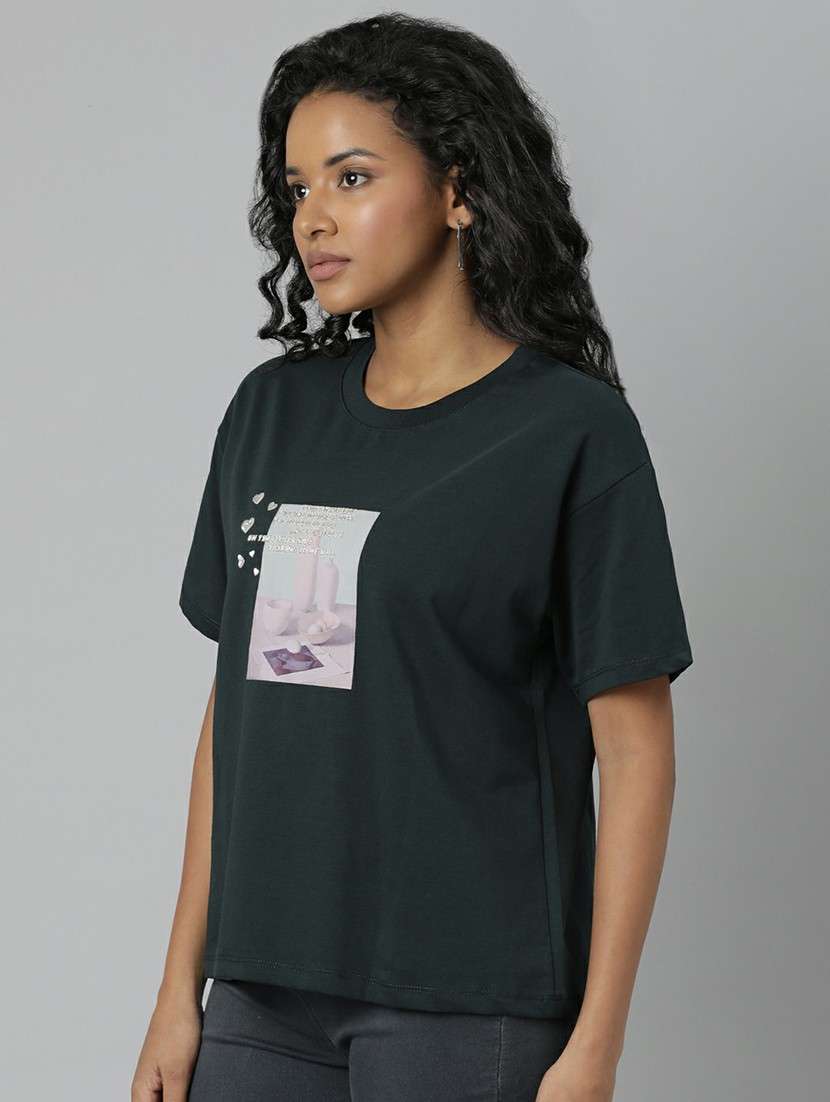 Women Dark Green Graphic Boxy T Shirt