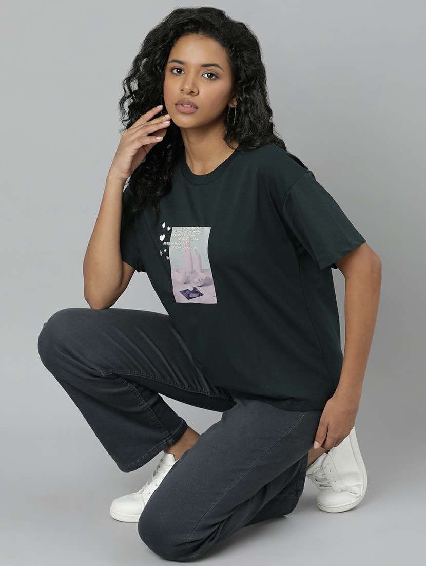 Women Dark Green Graphic Boxy T Shirt