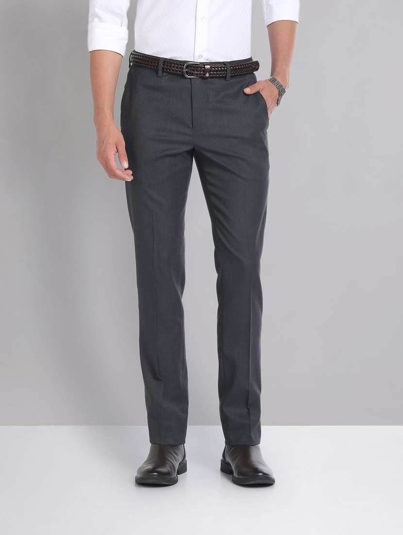 Grey Polyester Flat Front Formal Trouser
