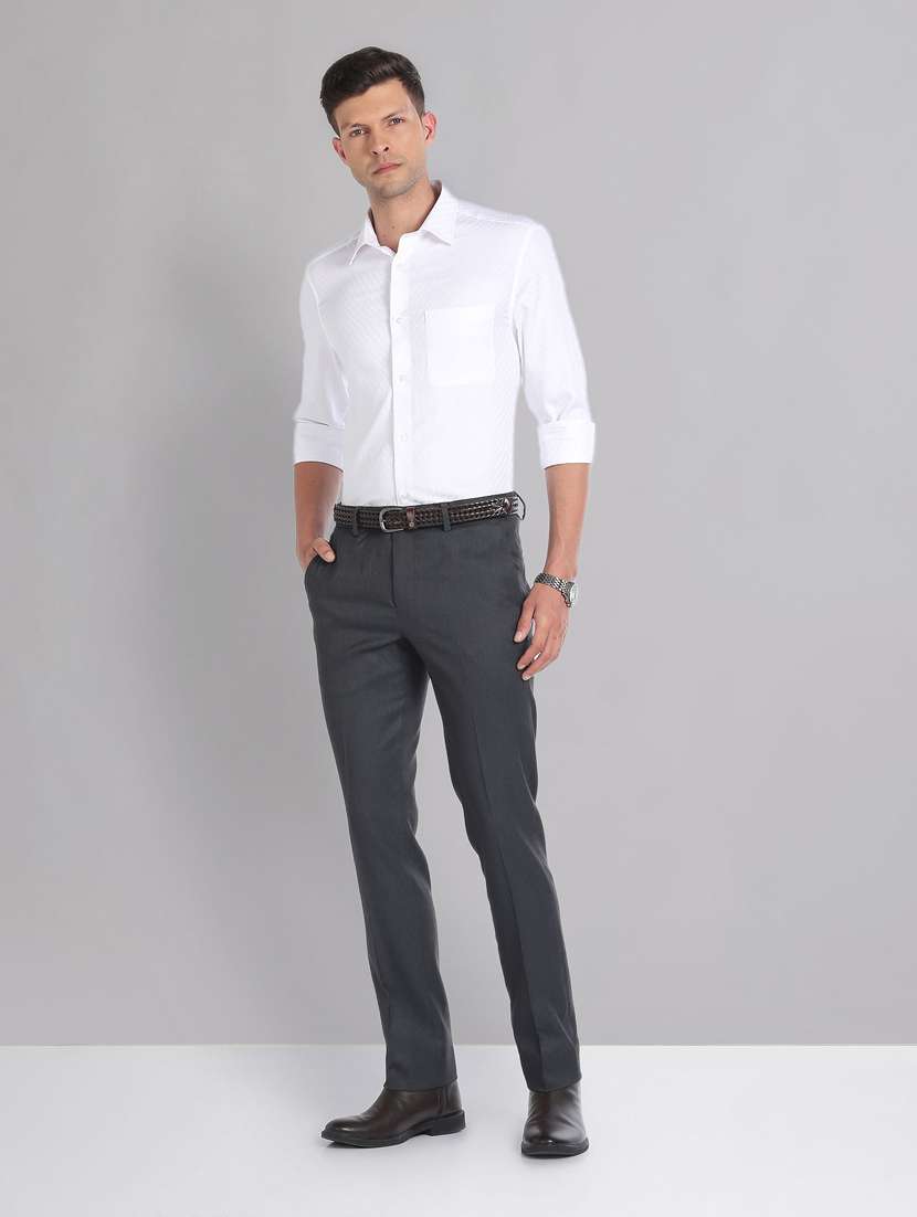 Grey Polyester Flat Front Formal Trouser