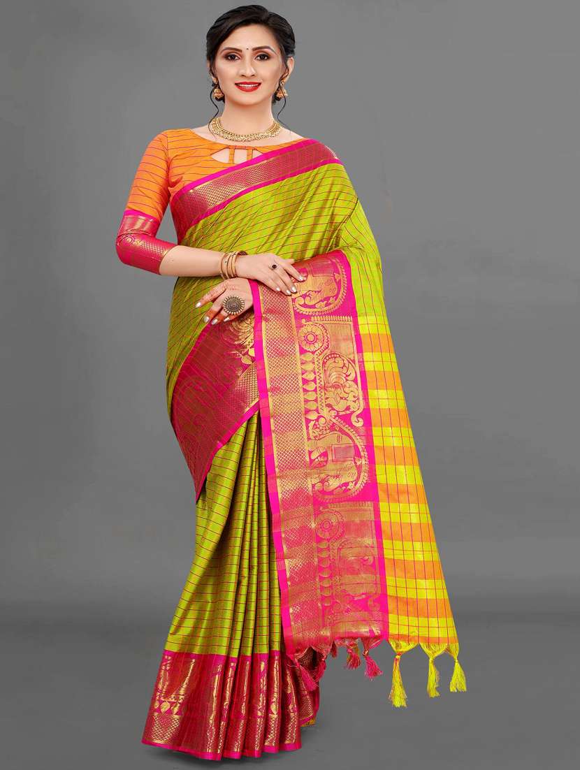 Women Green Stripes Zari Work Bordered Saree With Blouse