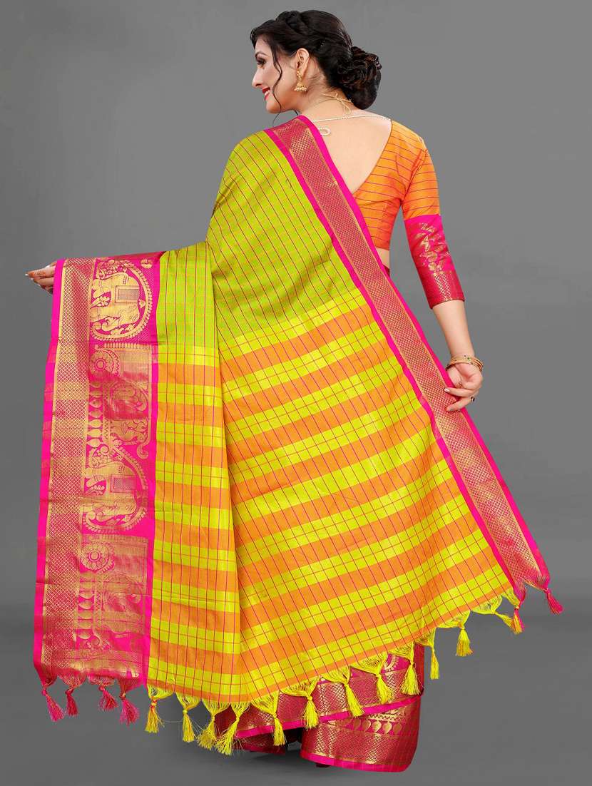 Women Green Stripes Zari Work Bordered Saree With Blouse