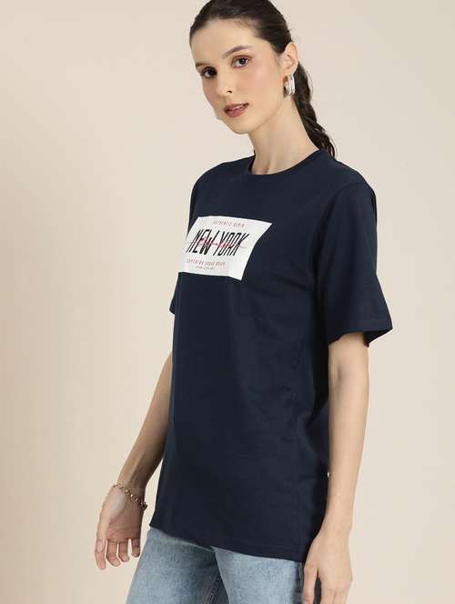 Buy online Women Blue Round Neck T-shirt from western wear for Women by ...