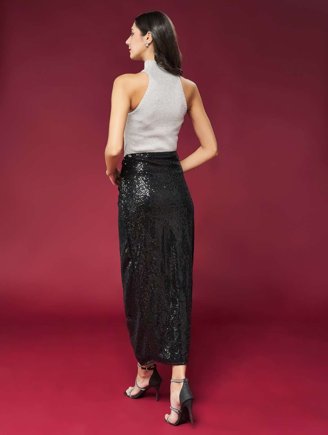 Women Sequined Asymmetric Twisted Waist Skirt