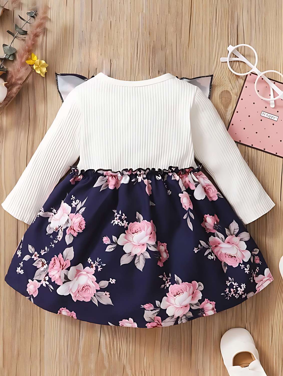 Kids Navy Blue Floral Printed Detailed Frock