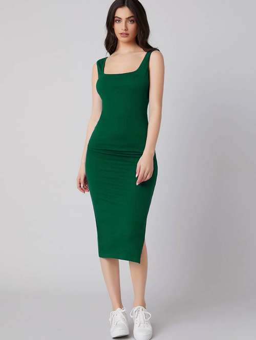 Women Bottle Green Solid Sleeveless Bodycon Dress