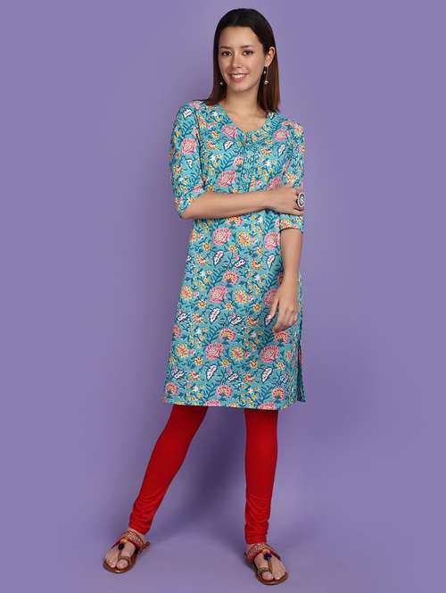 Women Turquoise Notch Neck Straight Kurta