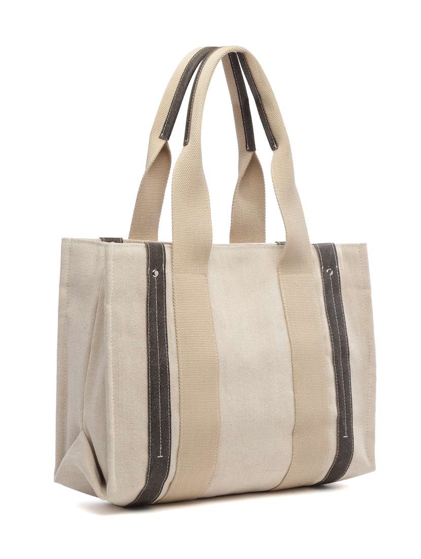 Sisal Cream & Black Solid Cotton Jute & Leather Handheld Bag