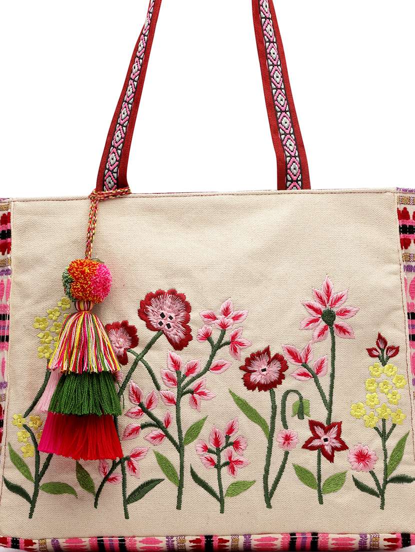 Beige Embroidered Cotton Tote Bag