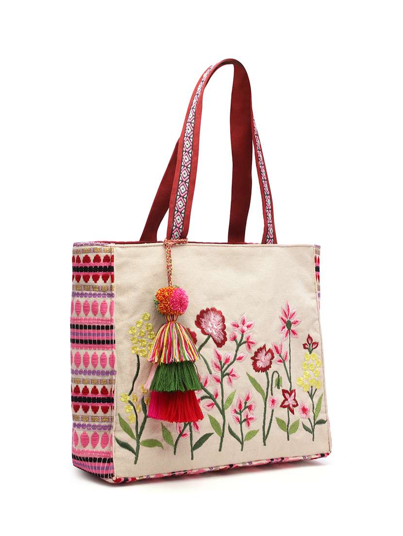 Beige Embroidered Cotton Tote Bag