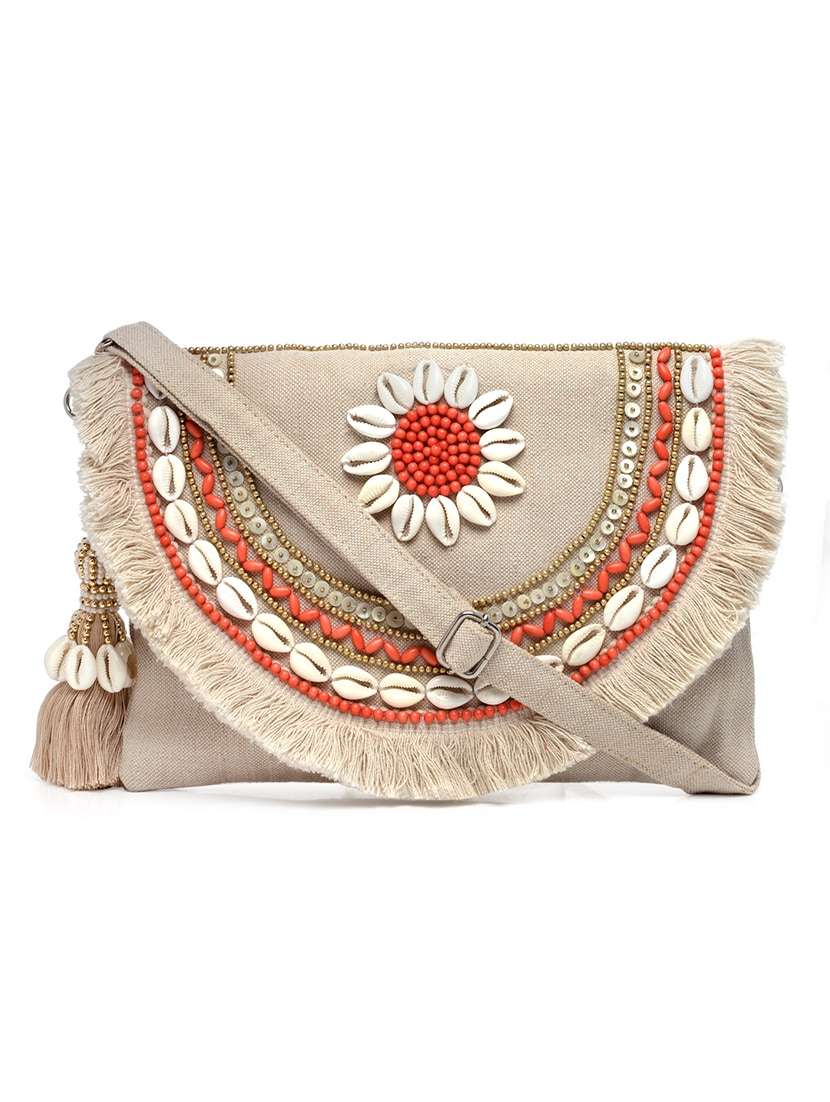Cream Embellished Sling Bag