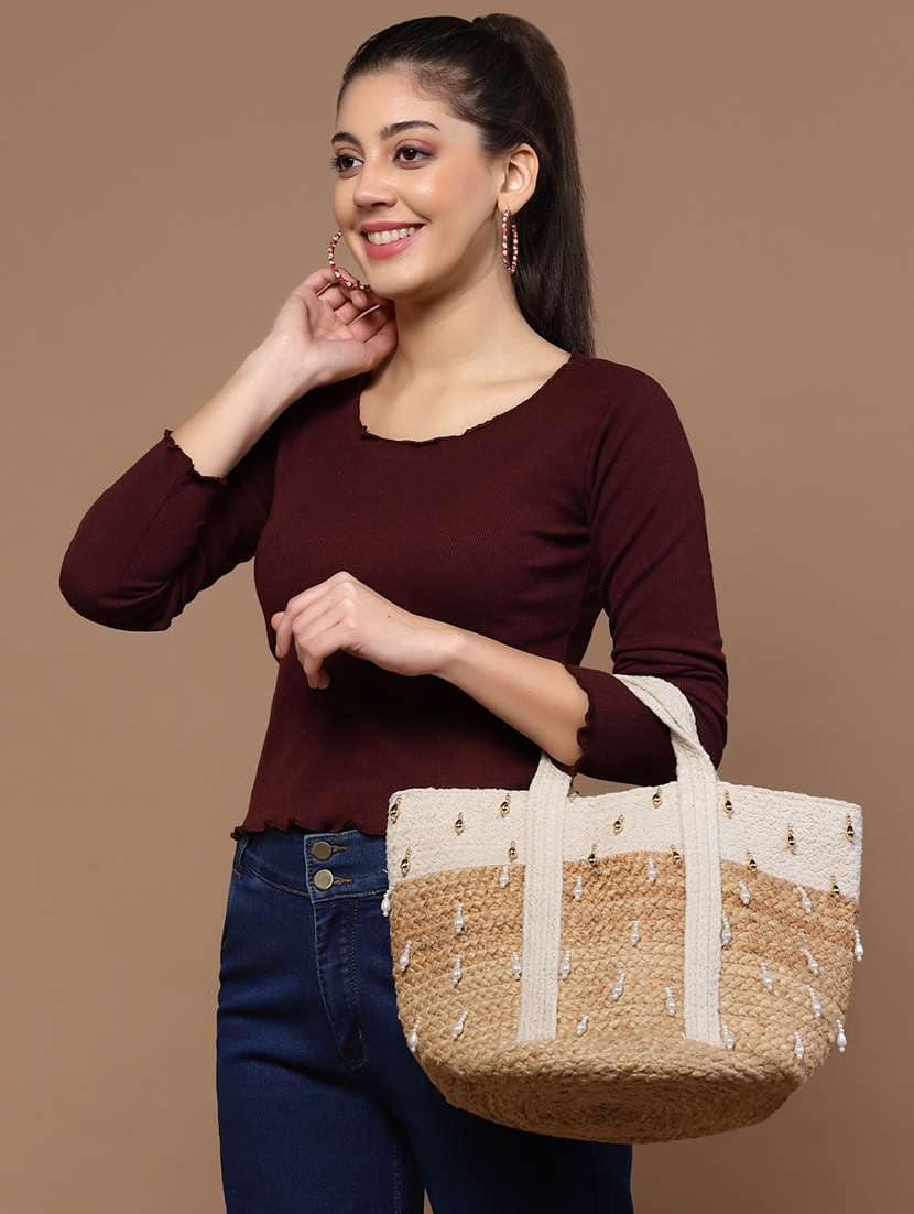 Beige Jute Embellished Handbag