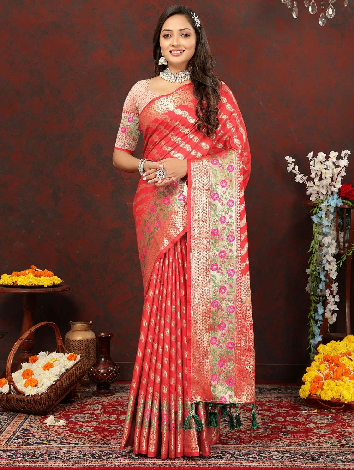 Women Red Self Design Banarasi Saree