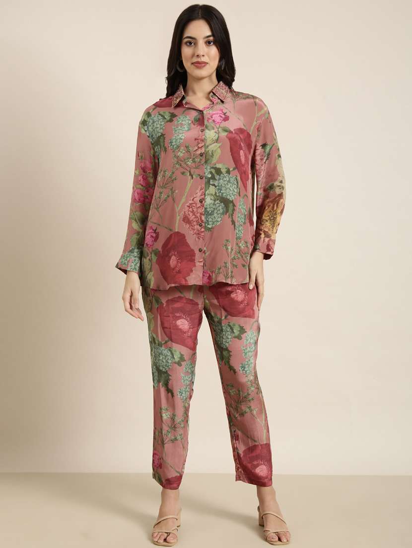 Women Floral Print Shirt And Trouser Co Ord Set