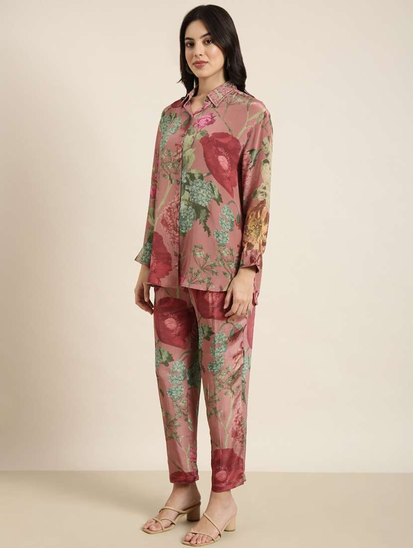Women Floral Print Shirt And Trouser Co Ord Set