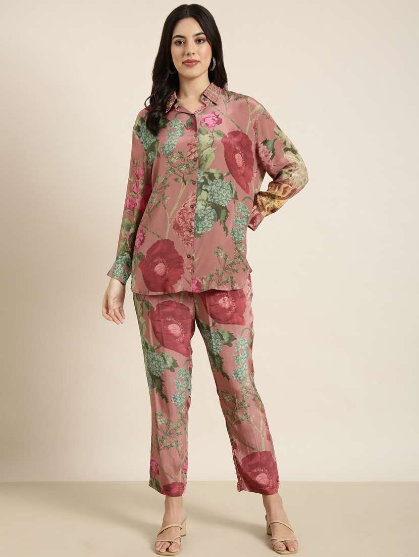 Women Floral Print Shirt And Trouser Co Ord Set