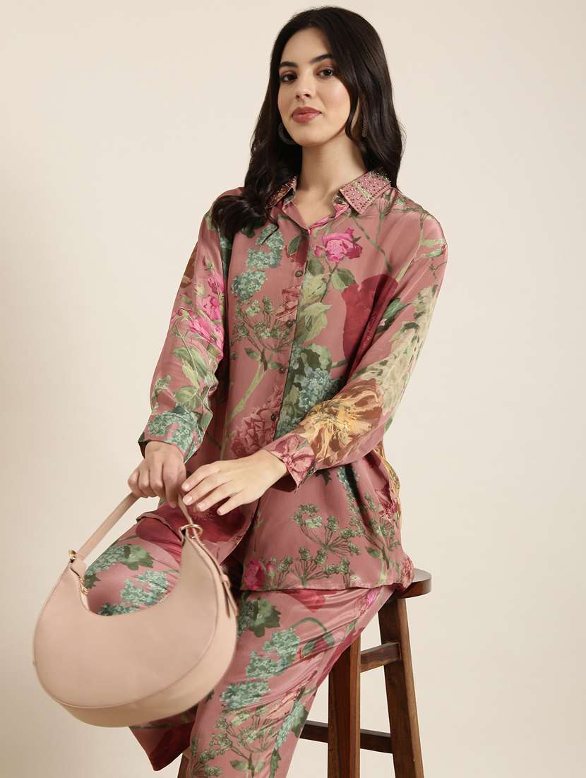 Women Floral Print Shirt And Trouser Co Ord Set